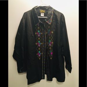 Bob Mackie Black Embroidered Button Up Blouse